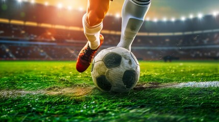 Photo shot of legs Soccer player running dribbling after the ball in stadium soccer
