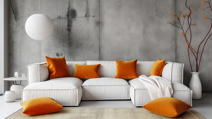 Living room with concrete walls, huge sofa with orange and white cushions