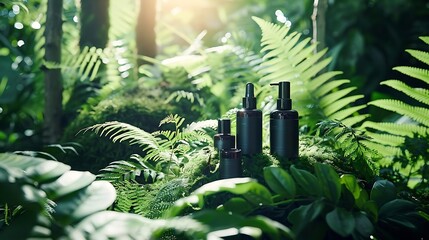 Luxurious natural skincare products arranged amidst lush green ferns and foliage in a tranquil forest setting