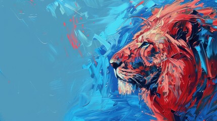 Lion head oil color painted in red and blue paint on blue background