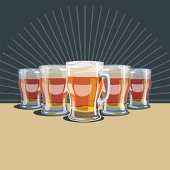 Glasses of beer in a row. Retro background with drinks for menus of bars, restaurants, pubs and cafes. Vector image of malt drinks in mugs. Brewing and craft beer illustration