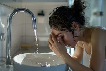 European woman, just awake, struggling to start the day as she washes her face in the bathroom