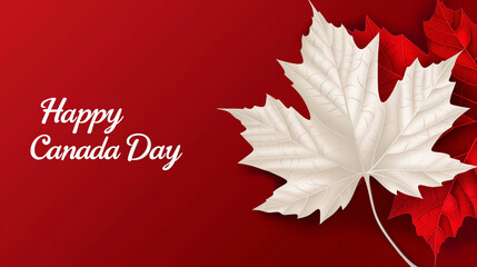 vector illustration, red background, white maple leaf with text " Happy Canada Day" in red text on the leaf. Beautiful design for Canada day, banner, background, mockup.