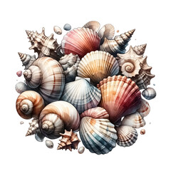 Obraz premium Seashell clipart in different shapes and sizes, An illustration for summer, rendered in watercolor style. 