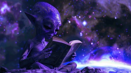 Little purple alien reading a book in space