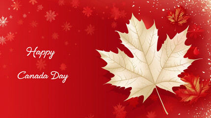 vector illustration, red background, white maple leaf with text " Happy Canada Day" in red text on the leaf. Beautiful design for Canada day, banner, background, mockup.