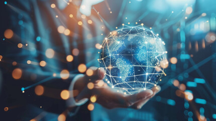 A business professional holding a digitally connected globe, symbolizing global network connectivity and advanced technology in a modern world. Global Network Connectivity and Technology Concept


