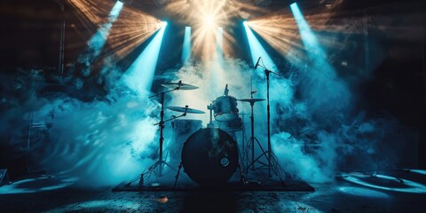  Live drum on stage with spotlights illuminating smoke music and concert background. silhouette concept