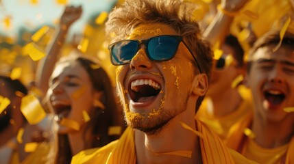 Yellow sports fans scream as they support their team from the field.