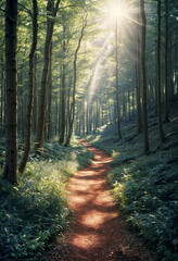 Fototapeta premium a path through a forest with sunlight shining through the trees