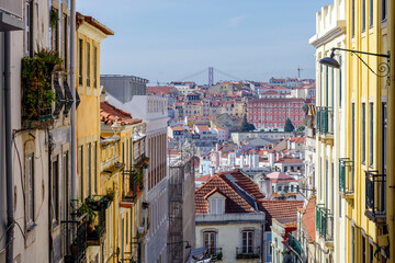 cityscape from a high point through the historic buildings of Lisbon, Portugal