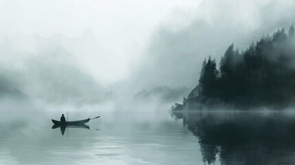  Lonely boat with a fisherman in a misty lake in Japanese sumie style