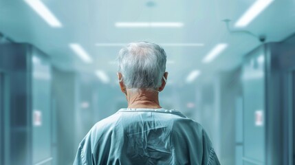 Lonely elderly gray-haired man in hospital clothes stands with his back in the ward alone and felt stress, boredom, loneliness, anxiety