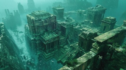 Lost city of Atlantis. Ancient city ruins. Water, ocean, sea ruins