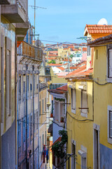 cityscape from a high point through the historic buildings of Lisbon, Portugal