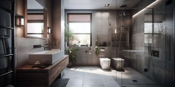 Stylish interior of bathroom in modern house in Fusion style.