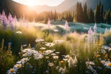 Set a tranquil mountain meadow with wildflowers and soft, pastel hues.