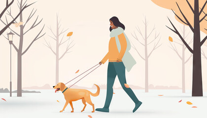Happy Woman Walking Her Dog in the Park - Enjoy a peaceful moment with this image of a happy woman walking her dog in the park, perfect for illustrating companionship and leisure.