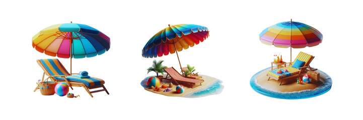 Set of A colorful beach umbrella and a sun lounger, isolated over on transparent white background