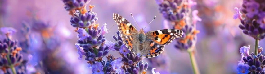 Butterfly on Lavender, Detailed capture of a butterfly perched on lavender flowers, Intricate wing...