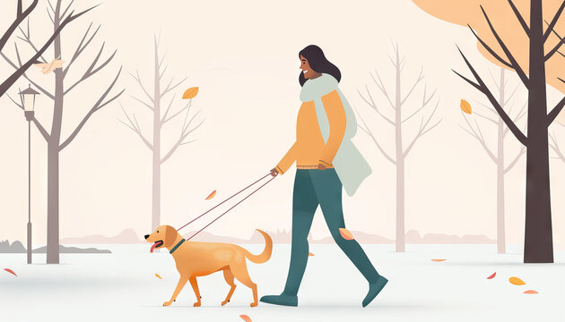 Happy Woman Walking Her Dog in the Park - Enjoy a peaceful moment with this image of a happy woman walking her dog in the park, perfect for illustrating companionship and leisure.