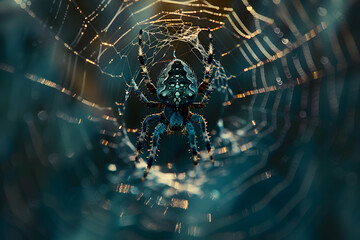 A close-up of a creepy spider web with a large spider in the center - Powered by Adobe