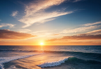 Fototapeta premium a beautiful sunset over the ocean with waves crashing on the shore