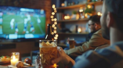 Obraz premium overshoulder shot group friends chips beer in front of television with European championship football tV out of focus