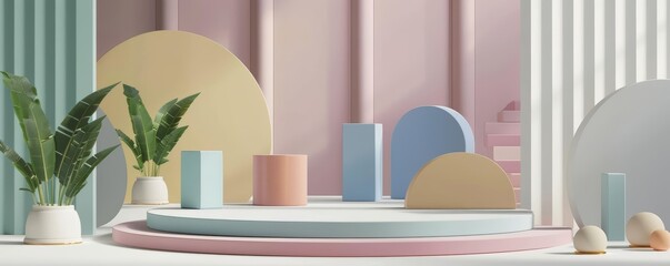 Podium minimalist 3D shapes flat design front view contemporary theme cartoon drawing colored pastel