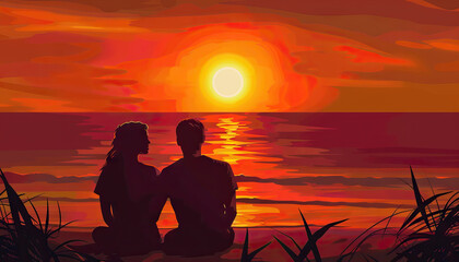 Fototapeta premium Happy Couple Watching the Sunset on the Beach - Experience a romantic moment with this image of a happy couple watching the sunset on the beach, perfect for illustrating romance and tranquility