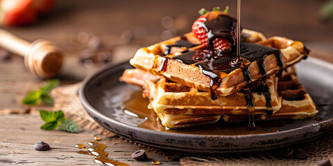 Freshly cooked waffle stack with sweet honey and Choco Pancakes with strawberries raspberries...