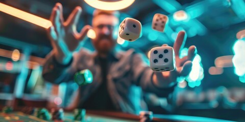 Man at a casino table throwing dice, with blurred background