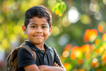 Happy Indian Boy with Backpack Outside Ready for Back to School or Hiking Adventure
