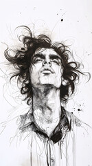 A portrait of an attractive young man with curly hair, ink drawing, energyfilled illustrations with dynamic brushstrokes. Black ink on paper with a white background.