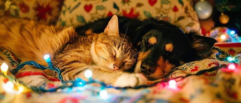 An affectionate scene of a dog and cat lying together under festive lights, their paws touching gently, highlighting their cuddly nature, with copy space for loving captions
