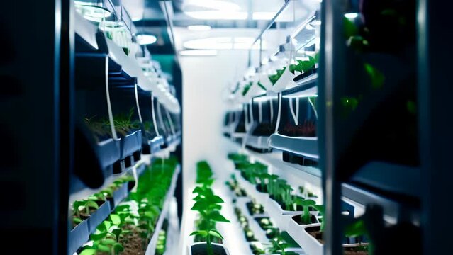 Vertical farm with rows of growing green plants.
Concept: Modern technologies in agriculture, vertical farming, sustainable development.