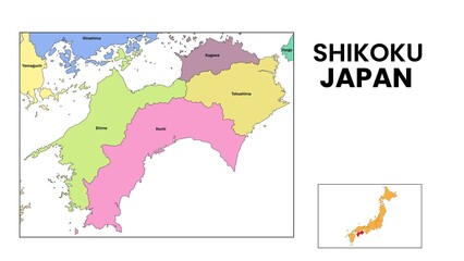 Fototapeta premium Shikoku Map. State and district map of Shikoku. Detailed colourful map of Shikoku.