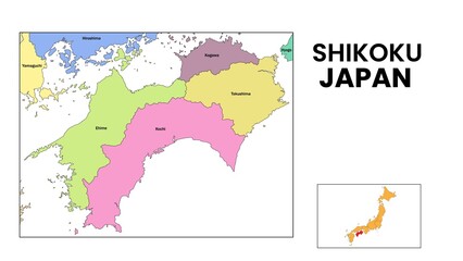 Shikoku Map. State and district map of Shikoku. Detailed colourful map of Shikoku.