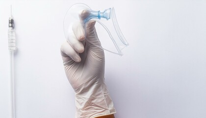 Abdominal convex adult ultrasound probe held in left hand in semi transparent latex glove, white background. AI generated