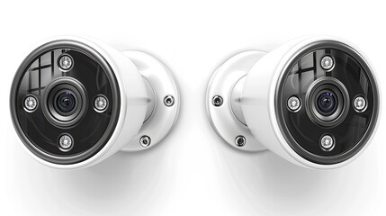 Surveillance and security cameras, on white background.