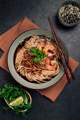 soba, buckwheat noodles, with shimeji mushrooms and tiger shrimps, homemade, no people,
