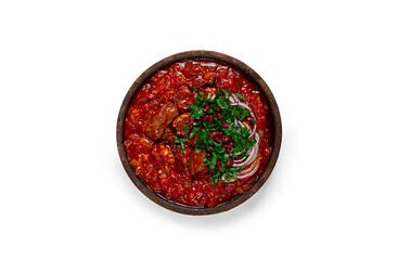 Chashushuli, a traditional Georgian dish, spicy, stewed meat with tomatoes and spices, homemade, no people, on a white background, isolate,