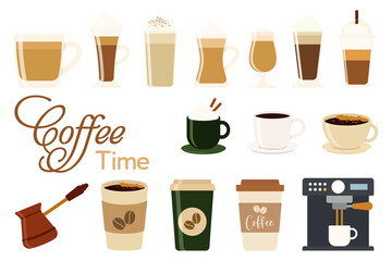 Hot and cold coffee beverage. Different types of drinks set. Espresso, americano cup, cappuccino and latte in paper mug, iced macchiato in glass. Flat