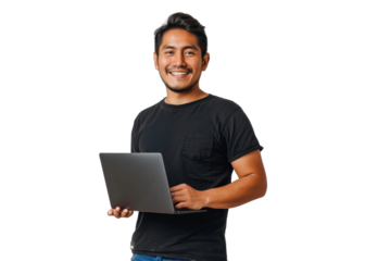 Smiling Man with Laptop on Transparent Background