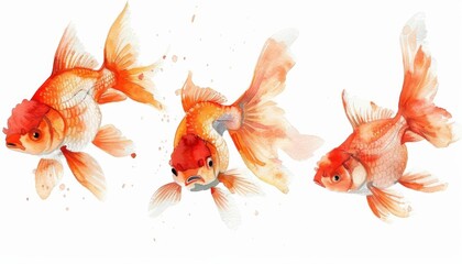 Fototapeta premium Cheerful goldfish in bright orange watercolor painting
