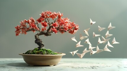 A bonsai tree surrounded by delicate origami flowers set against a pristine backdrop.