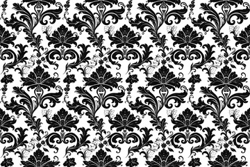 Elegant black and white damask pattern, seamless baroque decoration tile with intricate floral ornament