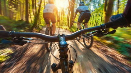 Men cyclists cycling on a beautiful summer forest trail mountain trail in the morning. Blurred image