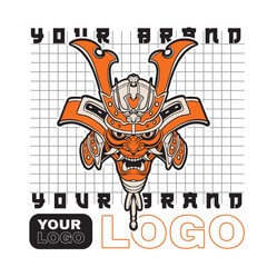 Samurai warrior mask. Traditional armor of japanese warrior. Vector illustration, shirt graphic. All elements; mask, helmet, colors are on the separate layers and editable.	