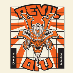 Samurai warrior mask. Traditional armor of japanese warrior. Vector illustration, shirt graphic. All elements; mask, helmet, colors are on the separate layers and editable.	